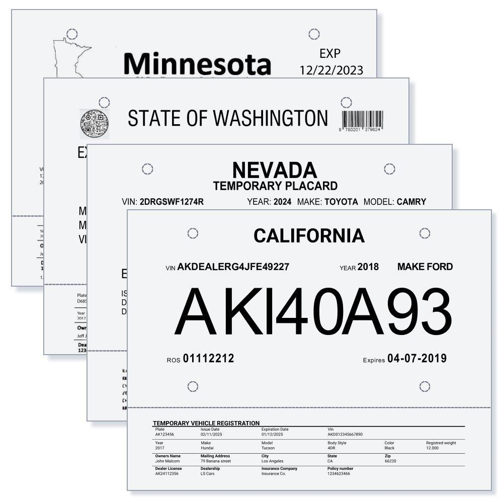 Temp Tag Paper CA, NV, WA, MN, IN, AZ
