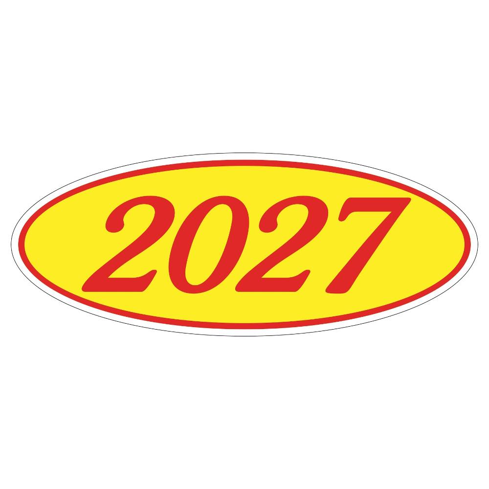 Oval Year Window Sticker - 2027 Red on Yellow